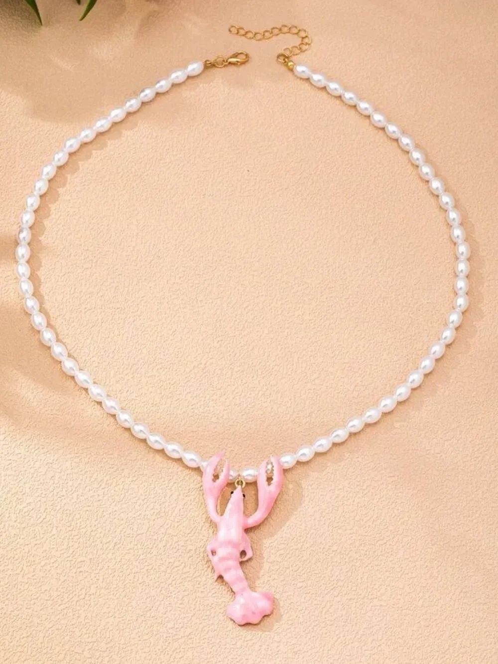 Pearl Necklace with Pink Coral Lobster Pendant R728